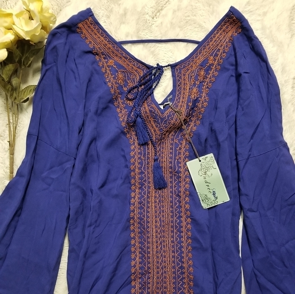 ✨️CL Andree Blue Bell Sleeve Flow Orange Embroidered Tunic Top Size S